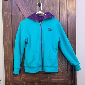 The North Face Women's Teal and Purple Hoodie, purple fleece lined, Reversible,M